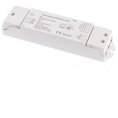 RF DIM příjimač stmívač TRIAC, 3x1A, 230V RF přijímač stmívač TRIAC, 230V LED, zátěž max 3x1A, 3x240W, dosah až 30m, rozměry 175x45x27mm,  max 10 vysílačů na 1 přijímač.