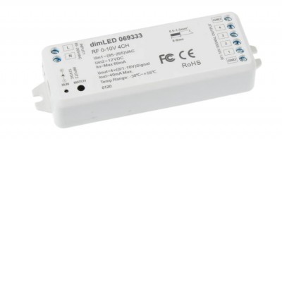 RF-DIM přijímač 4K 4CH RF přijímač pro stmívání LED pásků pro 0-10V a 1-10V, napájení 12V DC nebo 85-265VAC, výstup 	4x(0-10)VDC, 40mA/kanál, rozměry 	114×38×20 mm,  lze spárovat max 10 vysílačů na 1 přijímač.