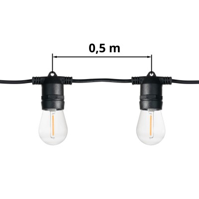 PCH 10x1W, E27, 230V, IP65 Spojovatelný venkovní párty řetěz (max 30m v celku), plat černá, 10 ks LED žárovek 1W, E27, teplá 2200K, 230V, IP65, svítící část l=5m, rozteč LED žárovek 0,5m, napájecí kabel SAMOSTATNĚ