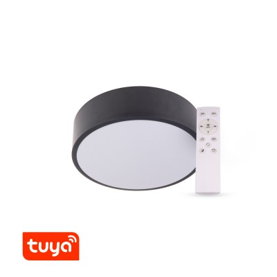 HOLSK R 24W, TUYA Stropní svítidlo, kruhové, těleso kov, povrch černá, dif plast opál, LED 24W, dálk ovl, nebo smart telefon Tuya, WiFi, stmív, nast teplota CCT teplá 3000K - denní 6000K, Ra80, IP20, d=300mm, h=80mm.