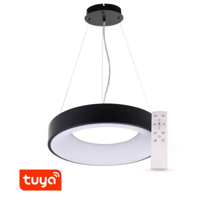 CASACU HL R 60W, SMART Závěsné svítidlo, kov, černá, dif plast opál, LED 60W, smart TUYA WIFI, dálk ovl (součástí) CCT nast teplota teplá 3000K - denní 6000K, stmív.,230V, IP20, d=600mm, vč závěs lanka l=1500mm, lze zkr.