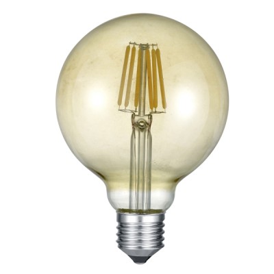 LED žárovka retro vintage filament Světelný zdroj, retro žárovka, koule, sklo jantar, LED 6W, E27, G95, 420lm/cca 23W žár teplá 2700K, Ra80, 230V, stř život 10.000 hod, 10.000 zap/vyp, d=95mm, l=135mm