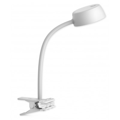 PRAGO klip Stolní lampa s klipem, nastav. směr svícení, těleso plast bílá, difuzor plast opál, LED 4,5W, teplá 3000K, 450lm, 230V, IP20, tř.1, rozměry h=350mm.