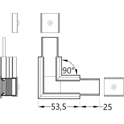 FICARIA spojka VESTAVNÝ profil 90 HORIZONTÁLNÍ Spojovací komponent profilu, horizontální, 90°, materiál hliník+polykarbonát PC, povrch elox, rozměry 53,5x25mm