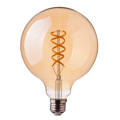 LED 5W 300LM E27 KOULE LED žárovka, základna kov, kryt sklo jantarová, vlákno spirála, LED 5W, teplá 2200K, 300lm, E27, 230V, tř.1, rozměry dle typu