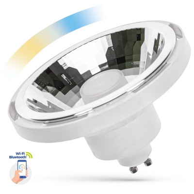 LED 10W ES111 smart TUYA LED žárovka bodová, bílá, 10W, GU10 ES111, 1050lm, pomocí app v telefonu Tuya WiFi, BT, lze nastavit teplotu CCT teplá 3000K - denní 6000K, stmívat, vyp/zap vyzař úhel 30°, Ra80, 230V, d=111mm, l=70mm