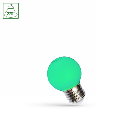 LED žárovka 1W, G45, E27, barevné LED žárovka, barva: zelená, těleso kov šedostříbrná, sklo čiré, LED 1W, E27, G45, 230V, vyzař. úhel 270°, rozměry d=45mm, h=75mm