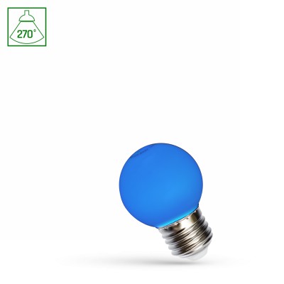 LED žárovka 1W, G45, E27, barevné LED žárovka, barva: modrá, těleso kov šedostříbrná, sklo čiré, LED 1W, E27, G45, 230V, vyzař. úhel 270°, rozměry d=45mm, h=75mm