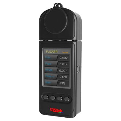 FLICKER METER Měří stroboefekt osvětlení 5Hz-2kHz, flicker index, podíl strobo efektu %, VESA FMA, FFT frekv, luxmetr 30-60000lx, CCT, CRI-Ra, deltaP, spektrální dagram. obraz: 2,8", TFT LCD 240x320 pix,180x65x30mm, bat 4xAA