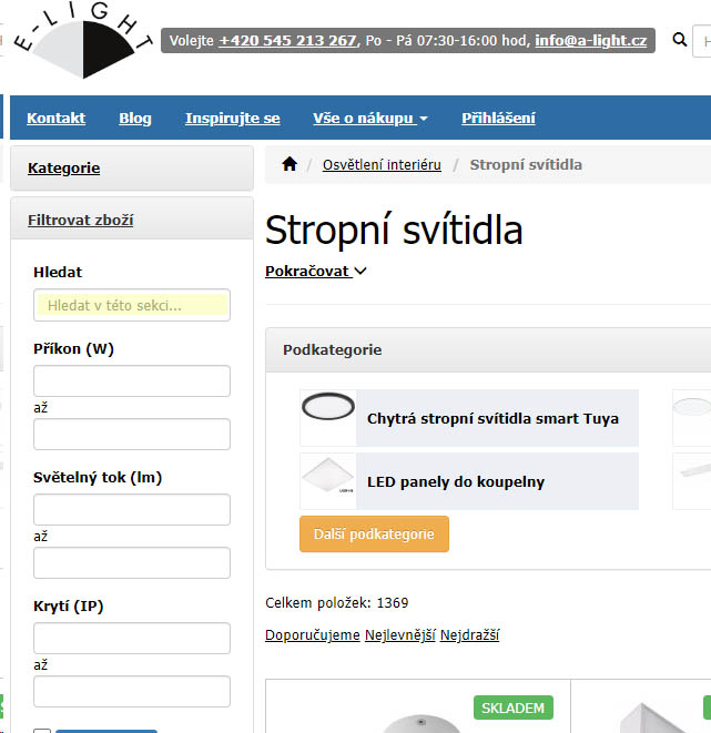 Vyhledávání svítidel v eShopu