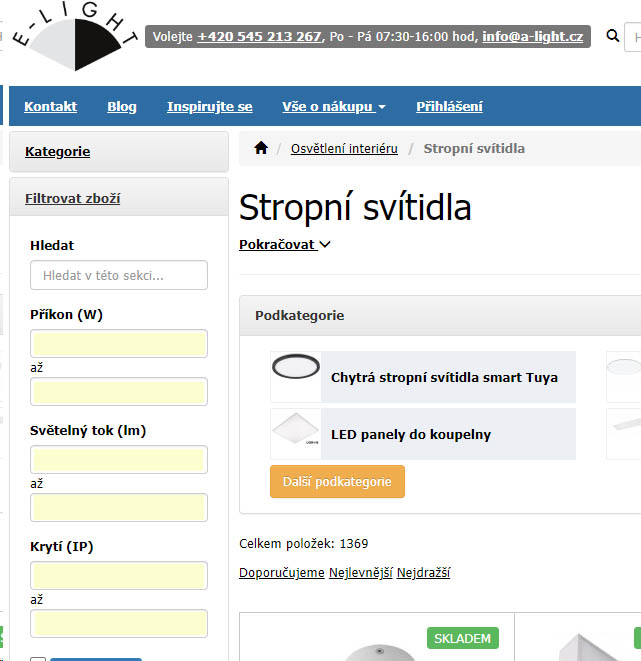 Vyhledávání svítidel v eShopu