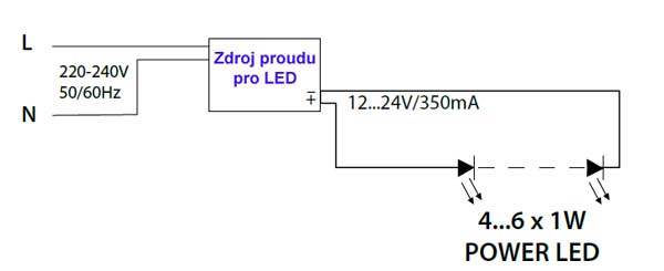 Schema zapojení LED napájené ze zdroje proudu.